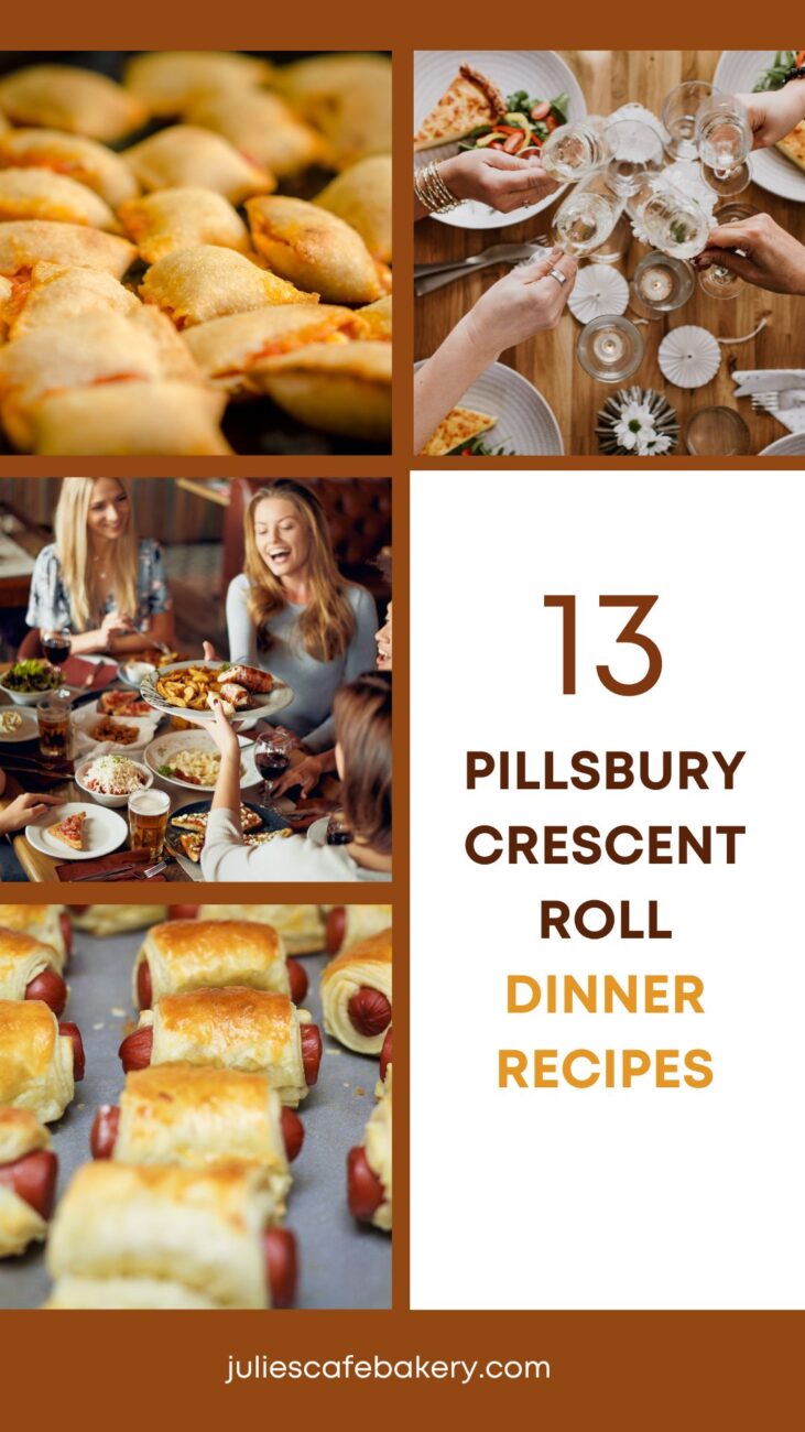 4 pictures presenting people at dinner table and two dinner recipe ideas made out of Pillsbury Crescent Rolls Dough