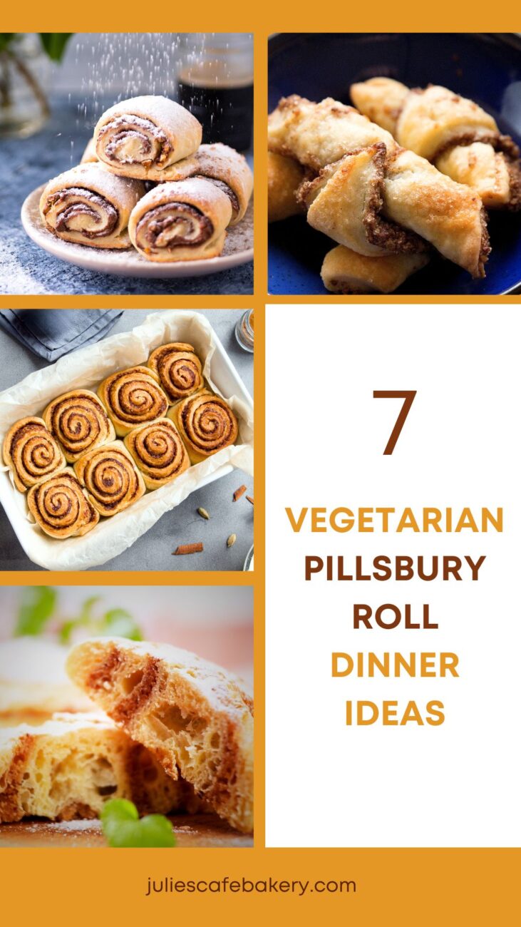 pictures of four dishes you can make for dinner out of Pillsbury roll dough on yellow background with the text 7 vegetarian Pillsbury Roll Dinner Ideas