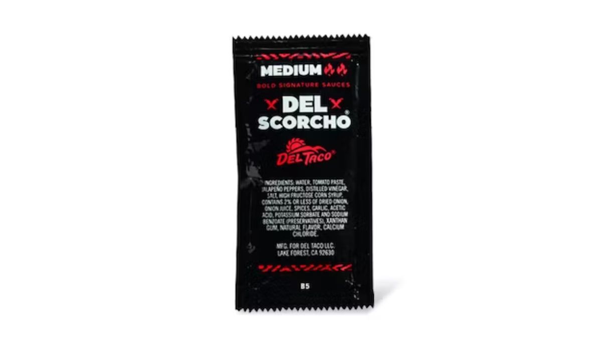 A Packet of Del Taco Del Scorcho Sauce on White Background