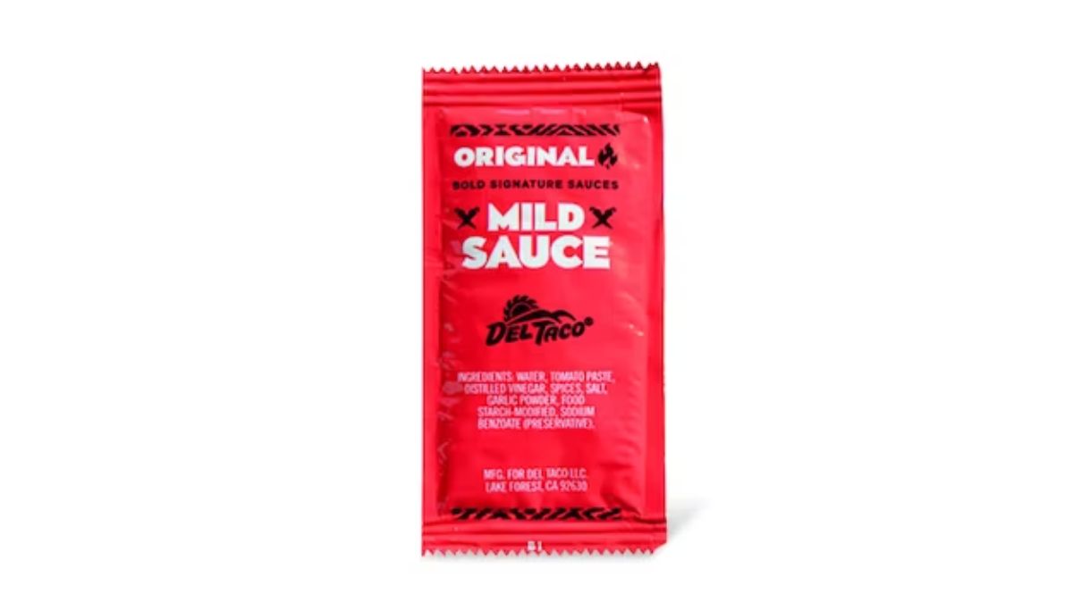 A Packet of Del Taco Mild Sauce on White Background