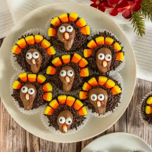 A cute plate of decorated turkey cupcakes for Thanksgiving at thebensonstreet.com scaled 1