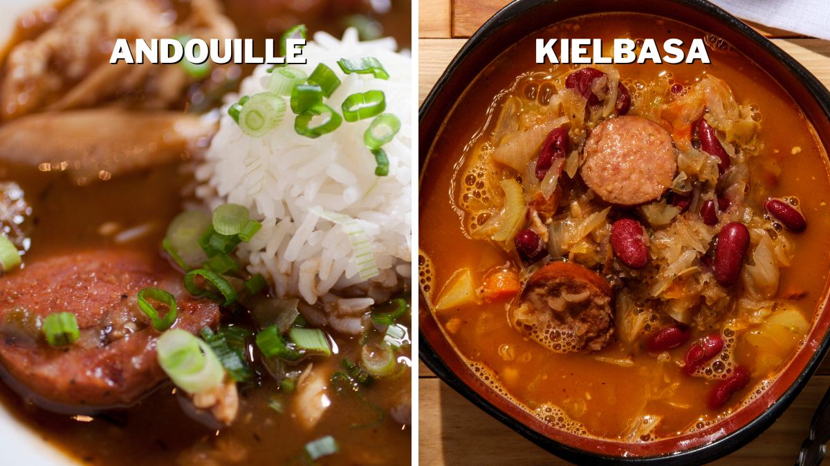 Andouille served in a gumbo vs. Polish sauerkraut kielbasa soup