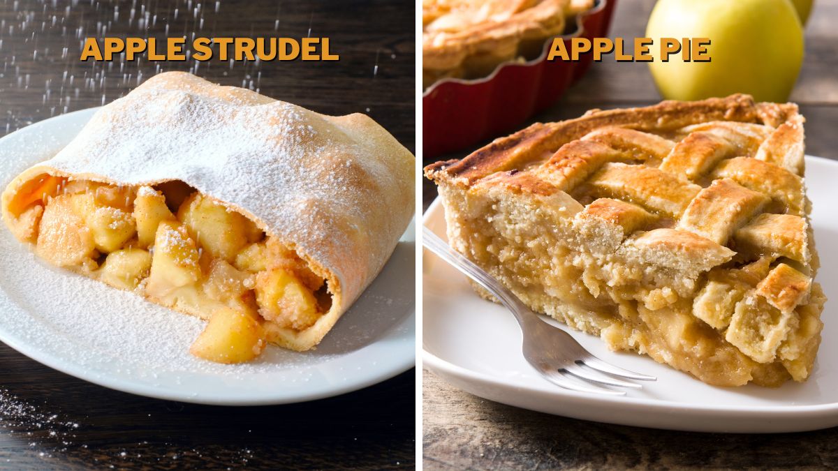 Apple strudel served in long, thin slices, and apple pie served in wedges.