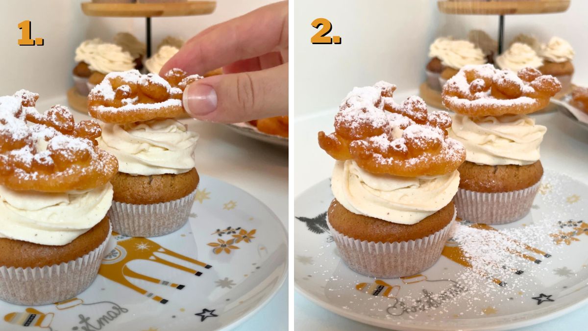 Assembling the Funnel Cake Cupcakes