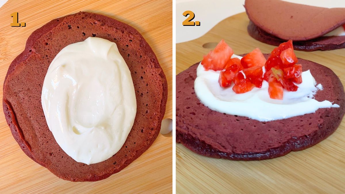 Assembling the Red Velvet Pancake Tacos with Strawberries