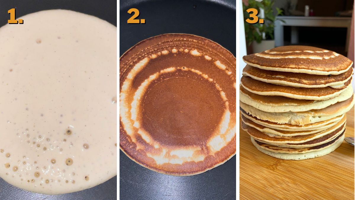 Baking the pancakes in steps pancake on pan with bubbles on top, pancake on pan turned over, and a tower of baked pancakes.