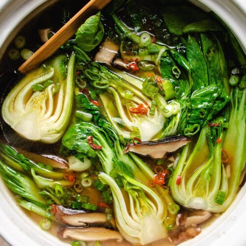 Bok Choy Soup Vegetarian with Shiitake and Poached Eggs