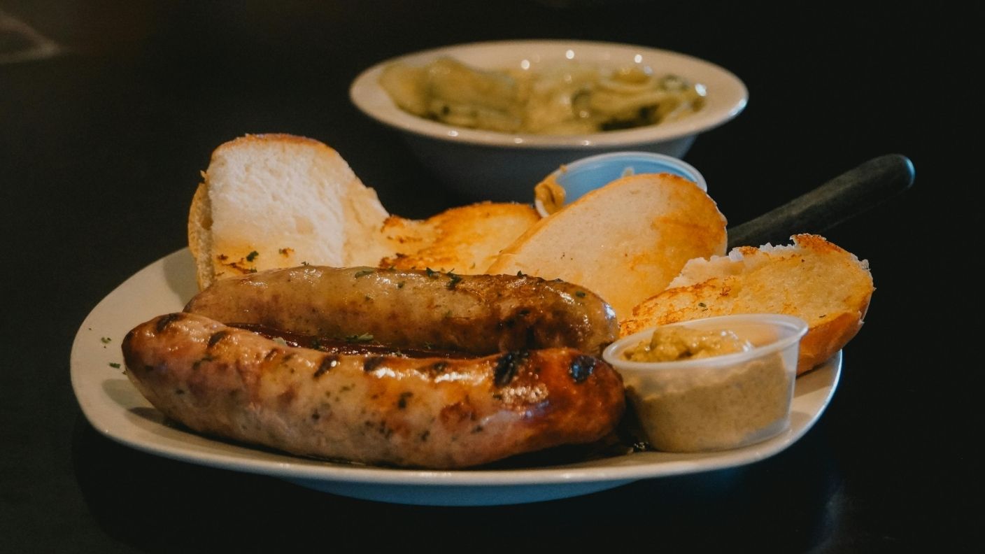 Bratwurst With Mustard and a Bread Roll 1
