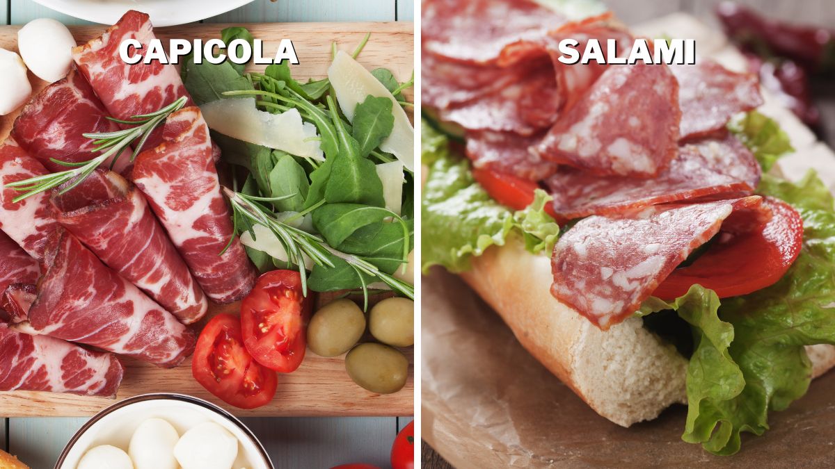 Capicola on a platter and salami in a sandwich