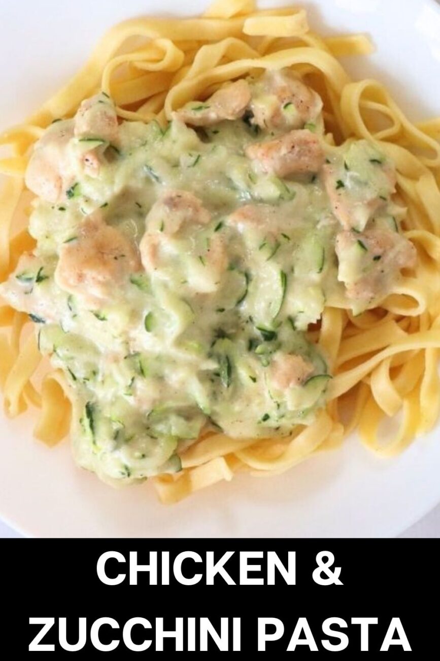 Chicken and Zucchini Pasta Creamy Recipe that includes sauce with heavy cream, chicken breasts, zucchini and tagliatelle pasta.