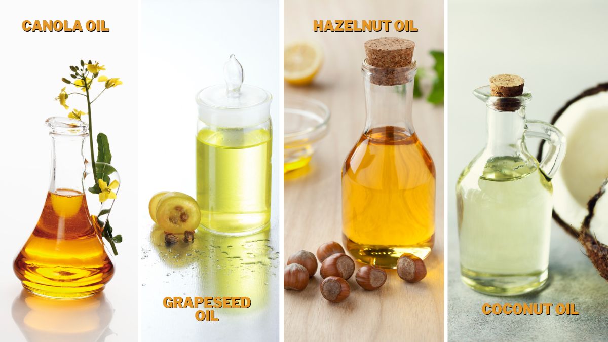 sesame oil substitutes: canola oil, grapeseed oil, hazelnut oil, and coconut oil pictured next to each other
