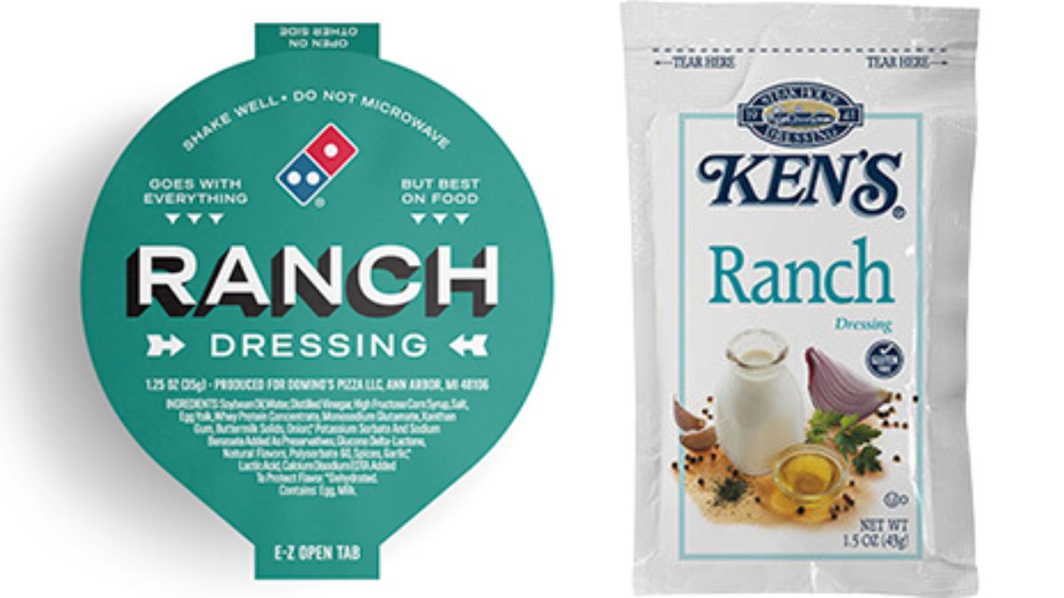 Domino's Ranch Dressing next to Ken's Ranch Dressing Package