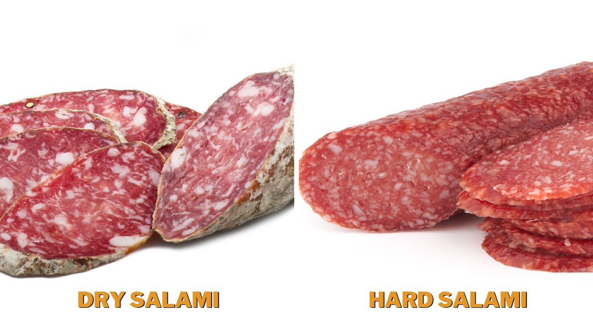 two salami that would be called dry/hard pictured next to each other on a white background