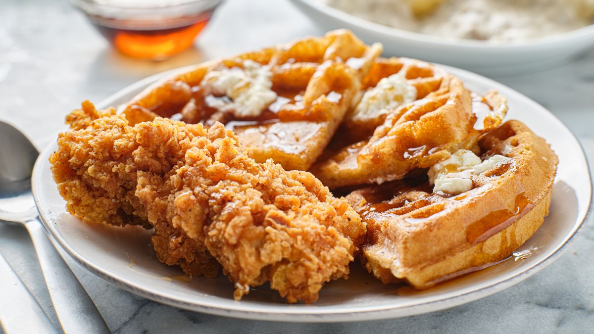 Fried Ground Chicken and Waffles With Syrup