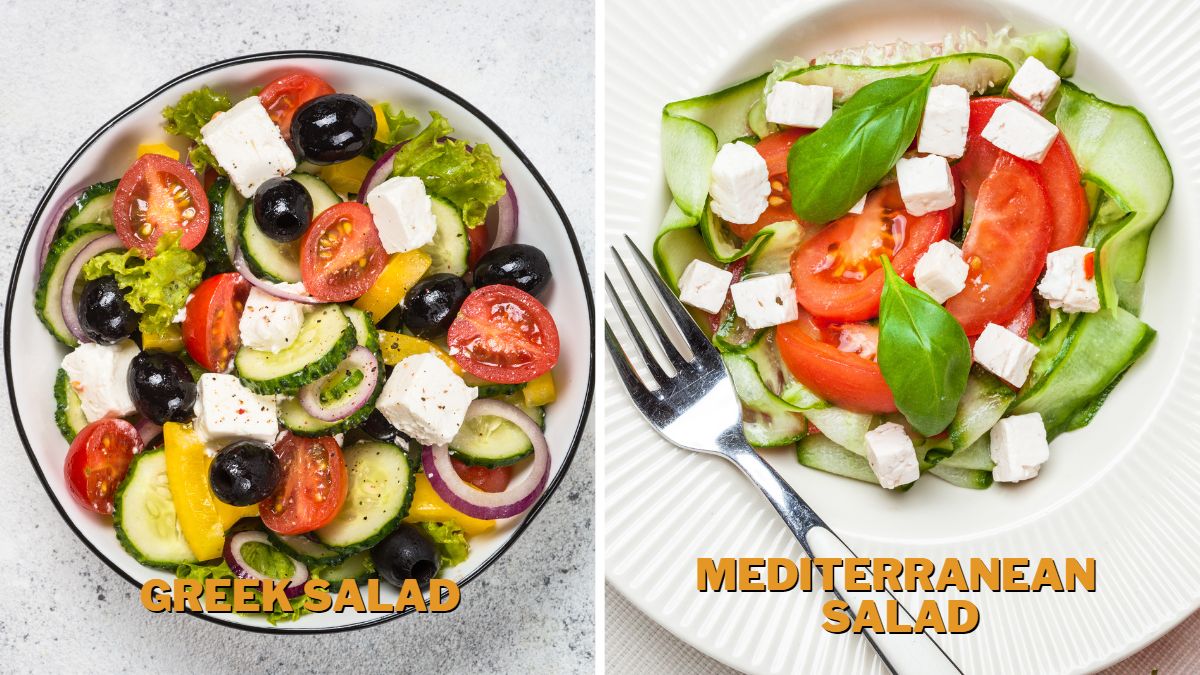 on the right is a Greek salad served in a bowl,  and on the right is a Mediterranean salad served on a plate, both on white background