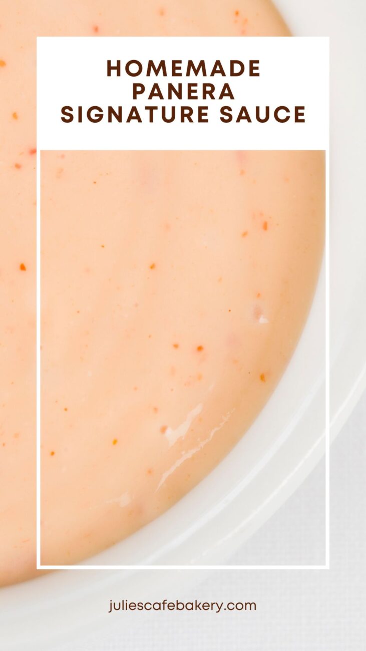 pink Panera Signature Sauce in a white sauce dish on white background