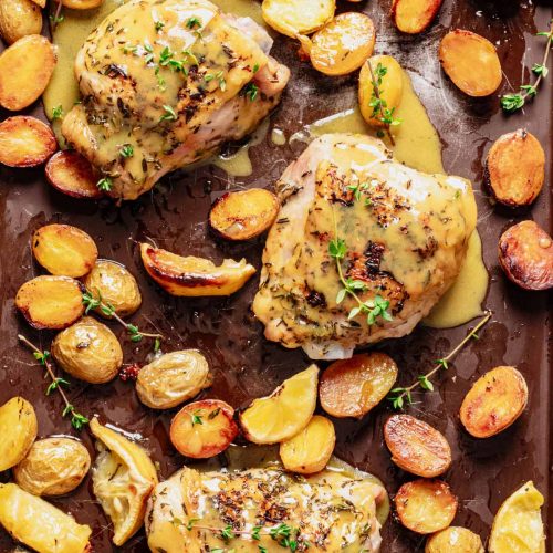 Honey Mustard Sheet Pan Chicken and Potatoes Recipe Featured 1