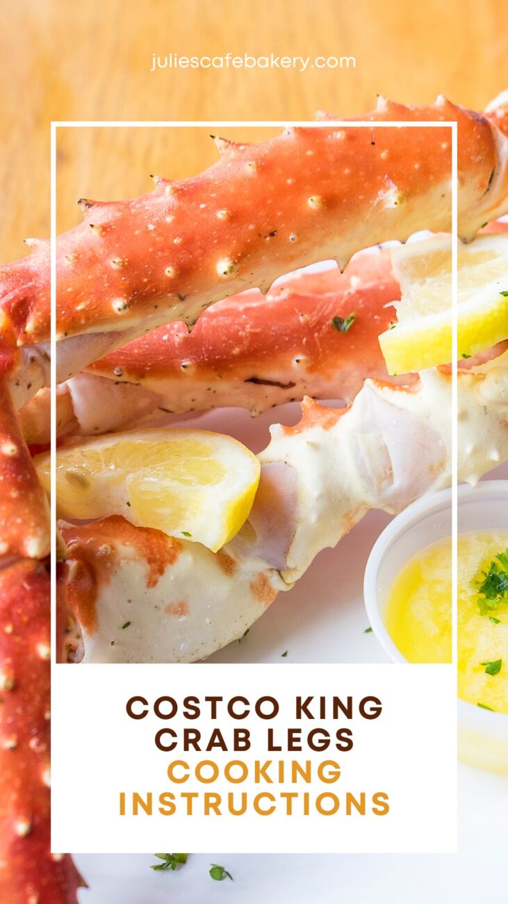 Kirkland King Crab Legs from Costco served on a white plate with a sauce dish full of melted butter and two lemon wedges on the side