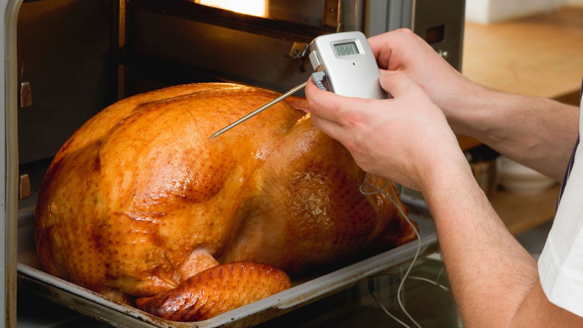 Inserting a Meat Thermometer into a Turkey