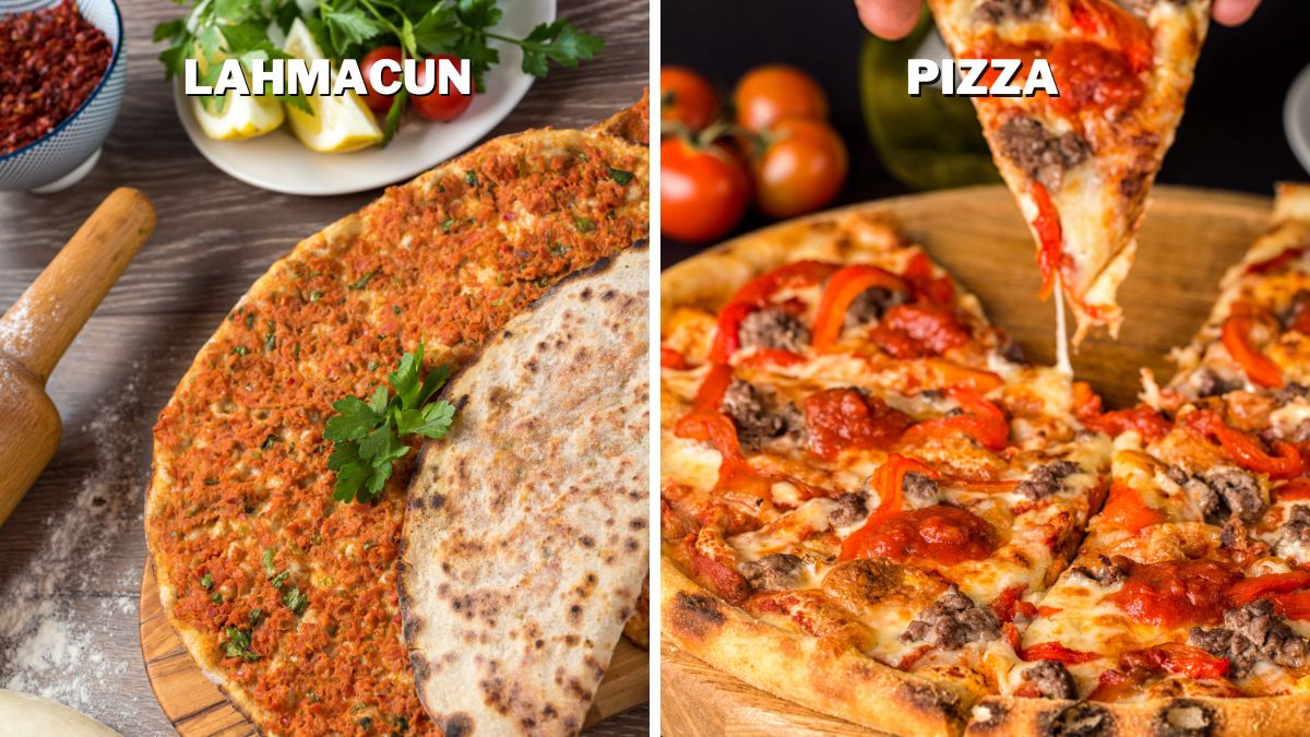 Lahmacun is usually served rolled up and with sides while pizza is usually served by itself.