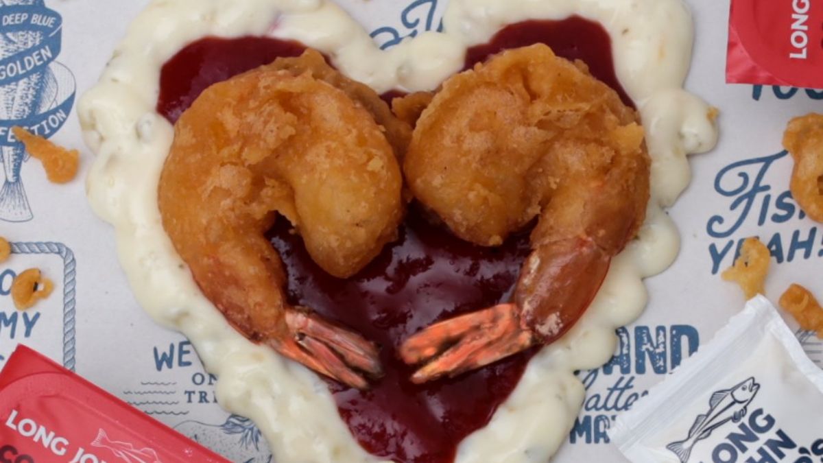 Long John Silver's Fried Shrimps Arranged in a Heart Shape on a Heart-Shaped Background of Tartar and Cocktail Sauce