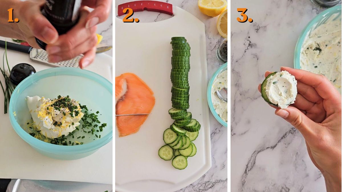 Making Cold Smoked Salmon Cucumber Appetizer with Cream Cheese and Lemon