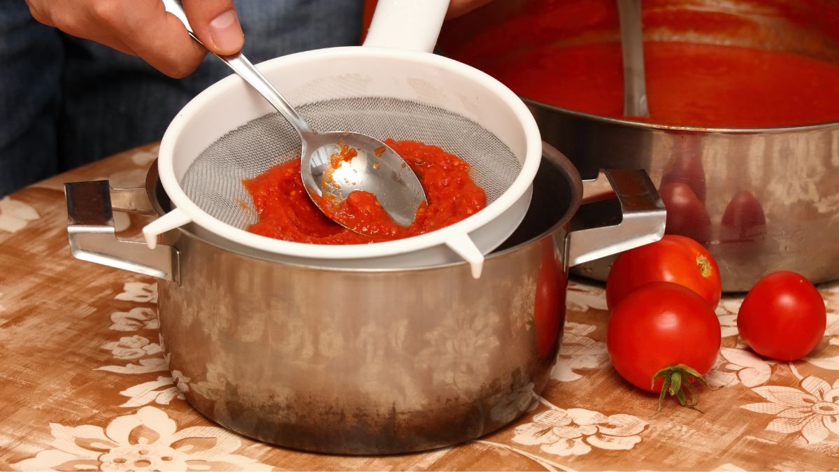 Making ketchup straining tomato paste