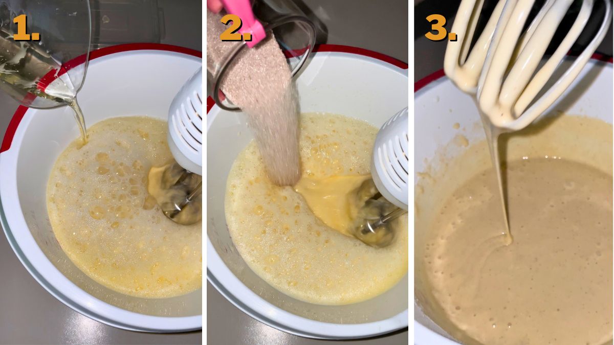 Making the batter in steps pouring in milk, oil, sugar, flour, baking powder, and testing the consistency.