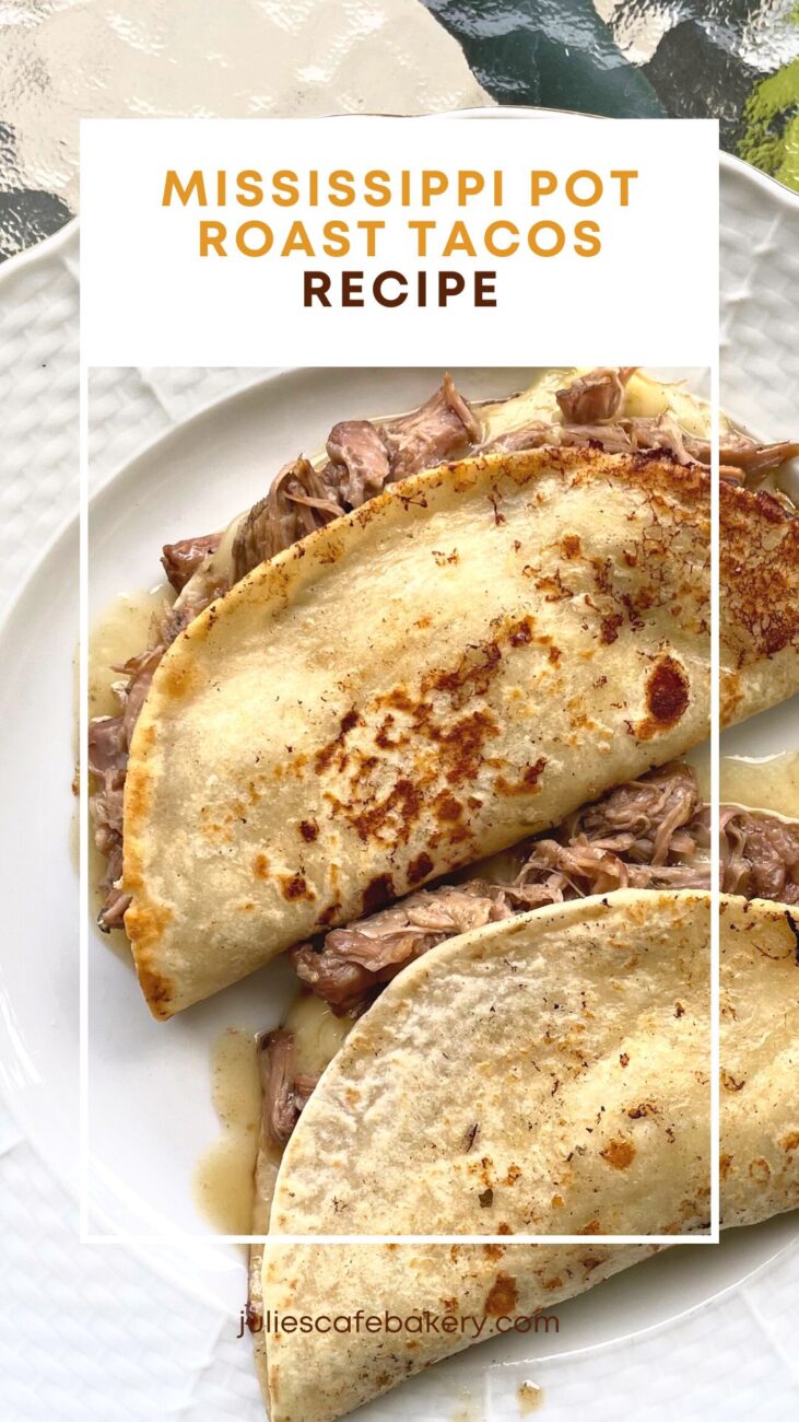 Mississippi Pot Roast Tacos served on white plate on a glass table