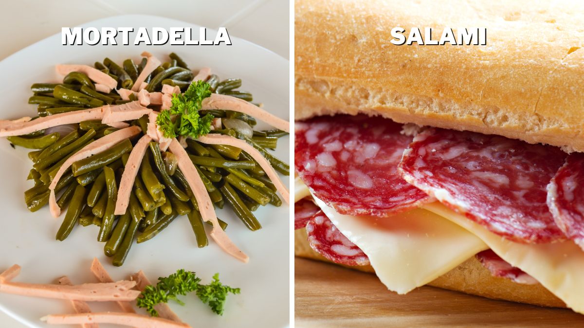 Mortadella in a salad and salami in a sandwich