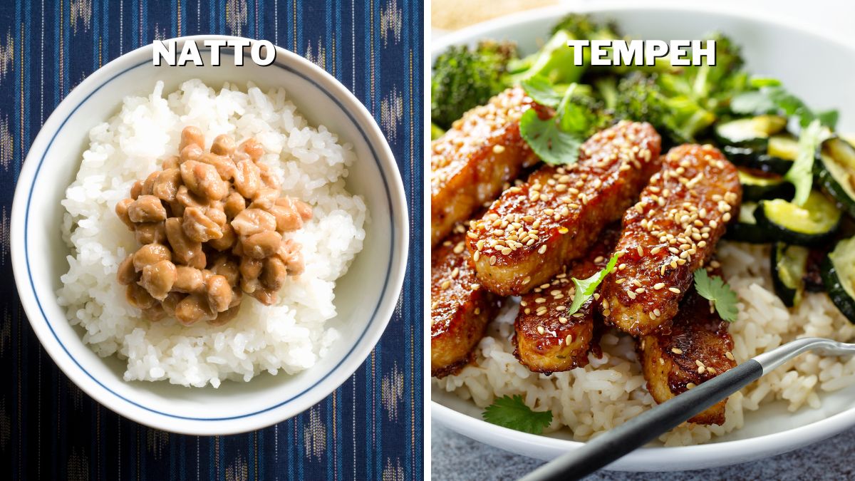 Natto served over steamed rice vs. Tempeh grilled and served with rice and grilled zucchini and broccoli 1