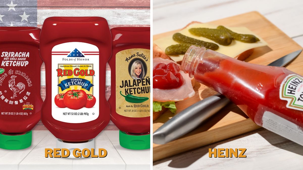 On the left is the packaging of Red Gold Ketchup, along with their Sriracha and Jalapeno Ketchup, on the right is an opened bottle of Heinz next to a sandwich with ketchup