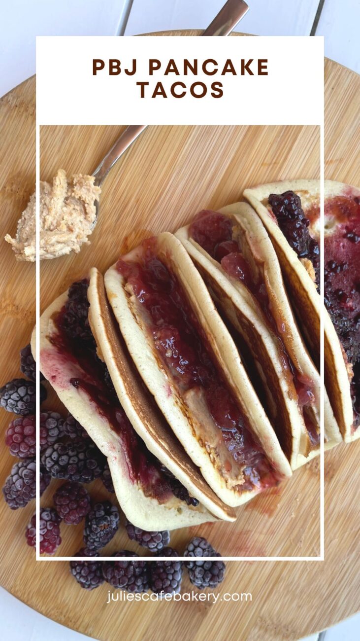 PBJ Pancake Tacos Served on a Board With Homemade Peanut Butter and Jelly