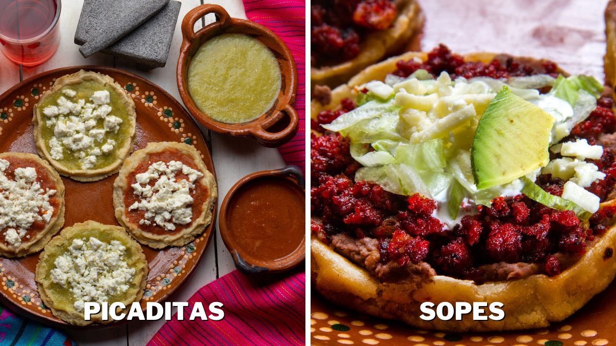 Picaditas served with sauces and fresh cheese on the left and Chorizo Sopes Served on a plate on the right
