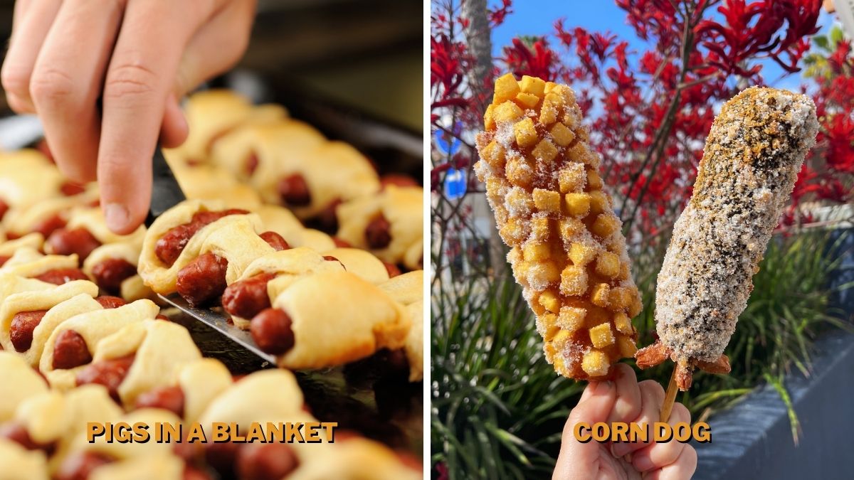 Pigs in a blanket are smaller than corndogs and are baked, while corndogs are longer, and are deep fried.