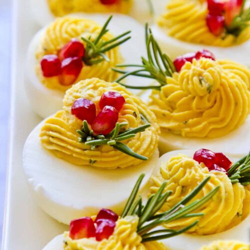 Plate of beautful Christmas Deviled Eggs