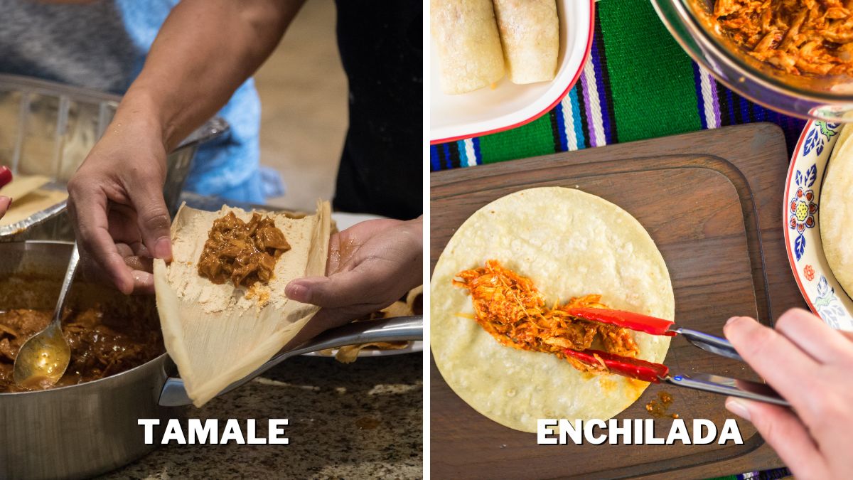 Preparing tamales on the left, and preparing enchiladas on the right