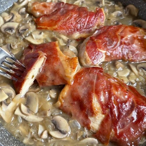 Prosciutto Wrapped Chicken Breasts in Mushrooms Sauce with wine