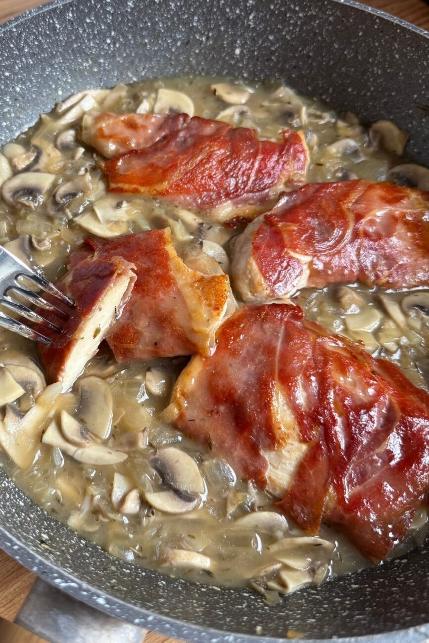 Prosciutto Wrapped Chicken Breasts in Mushrooms Sauce with wine