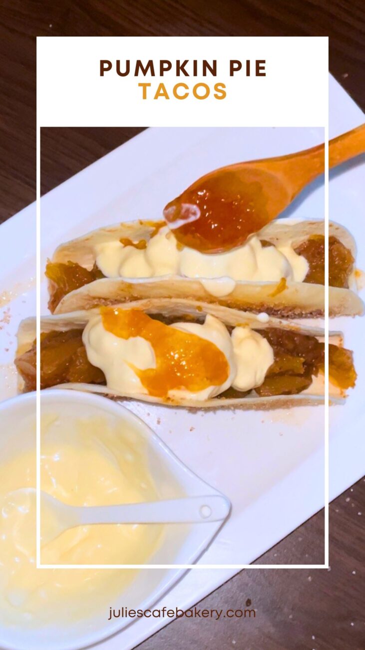 Pumpkin Pie Tacos served with mascarpone and pumpkin filling on white plate