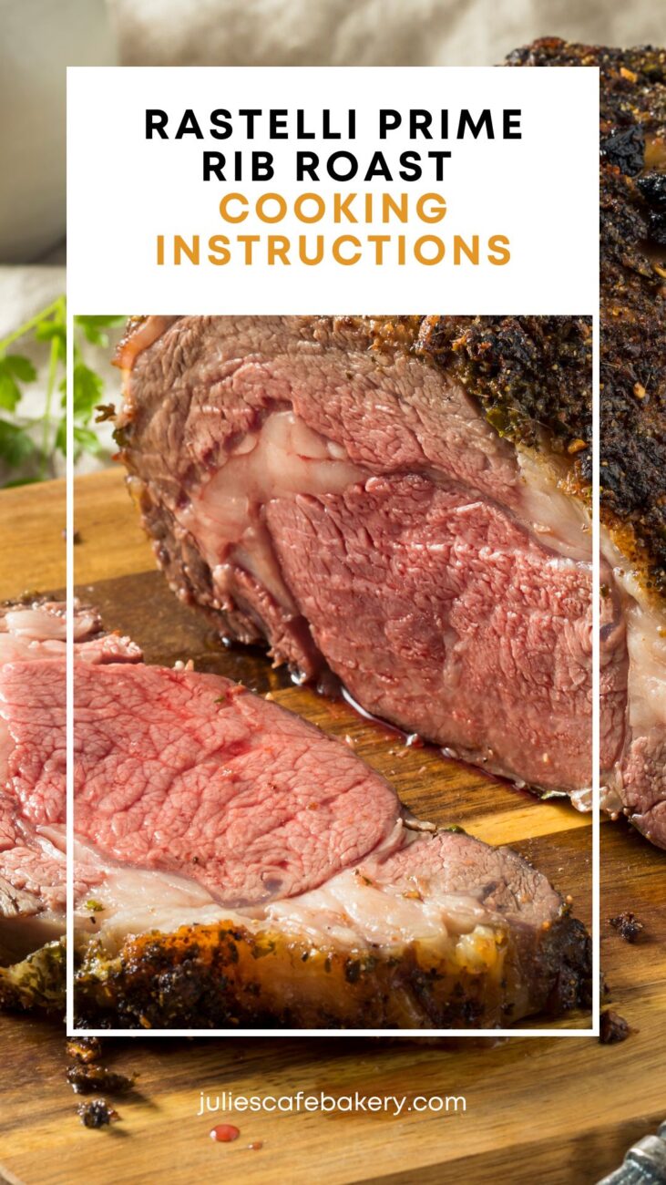 Rastelli prime rib roast cooked and pictured on a wooden cutting board sliced
