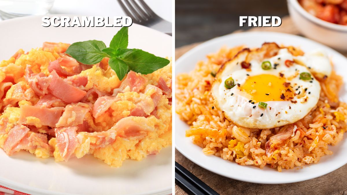 Scrambled eggs with ham and fried egg with kimchi fried rice