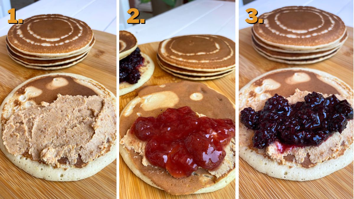 Serving in steps pancake spread with peanut butter, pancake spread with PB and strawberry jelly, and a pancake spread with PB and blackberry jelly.