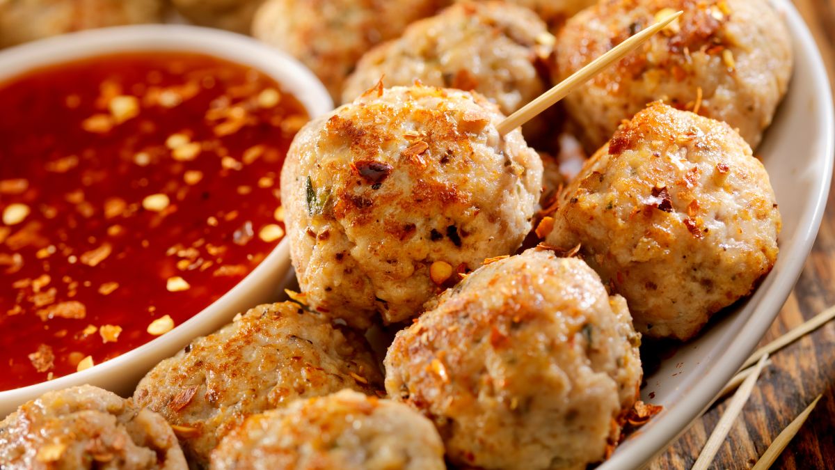 Shady Brook Farms Ground Turkey Meatballs Served With Sauce as Snack
