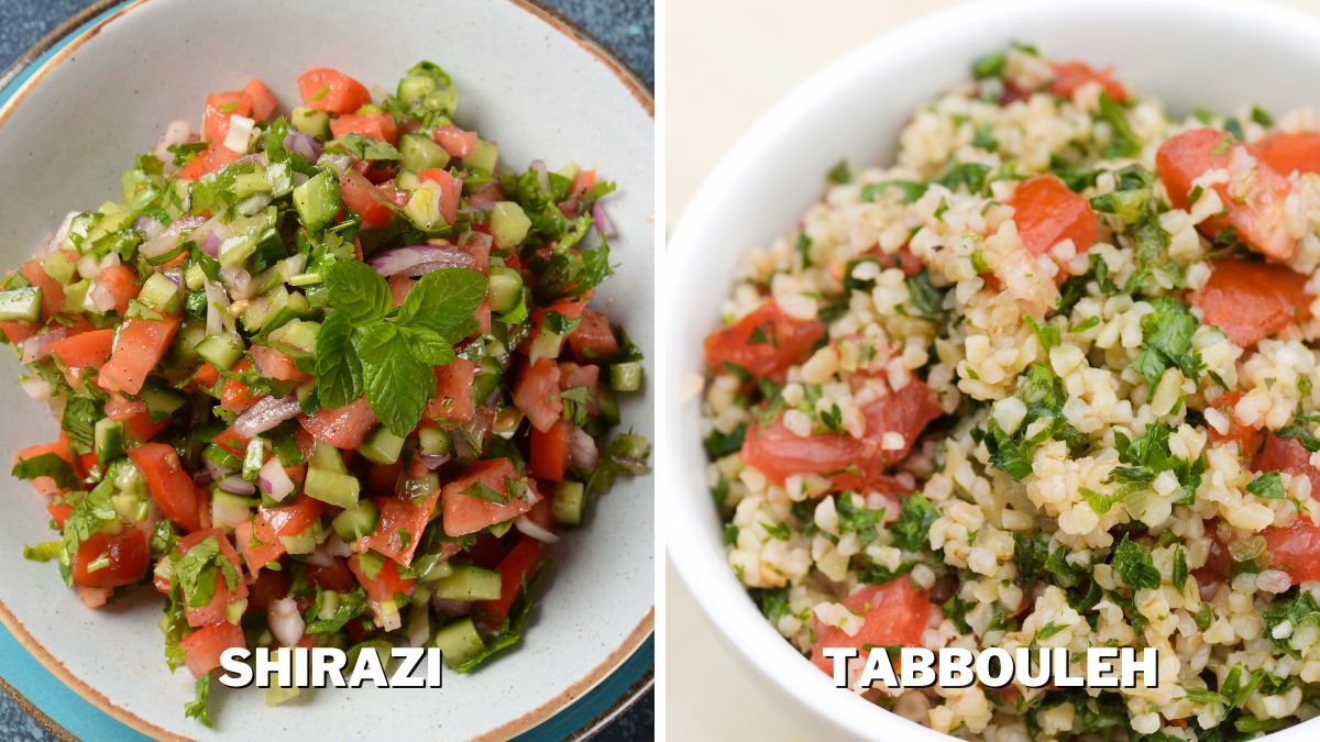 Shirazi Salad with tomatoes, cucumbers, red onions, parsley and mint with fresh lemon juice in a white bowl, and a closeup og bulgur tabbouleh