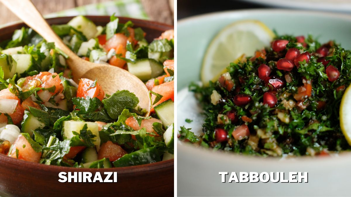 Shirazi salad made with chopped cucumbers, tomatoes, and parsley, and Tabbouleh salad made with finely chopped parsley, mint, tomato, cucumbers, and pomegranates