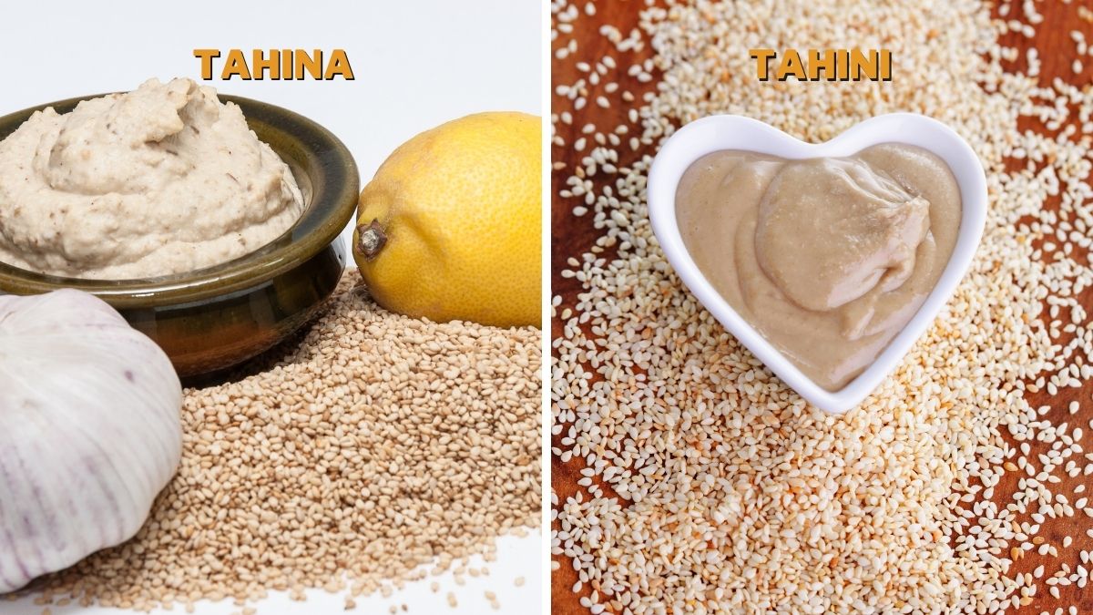 Tahina ingredients unhulled sesame seeds, garlic, and lemon, and tahini ingredients hulled sesame seeds.