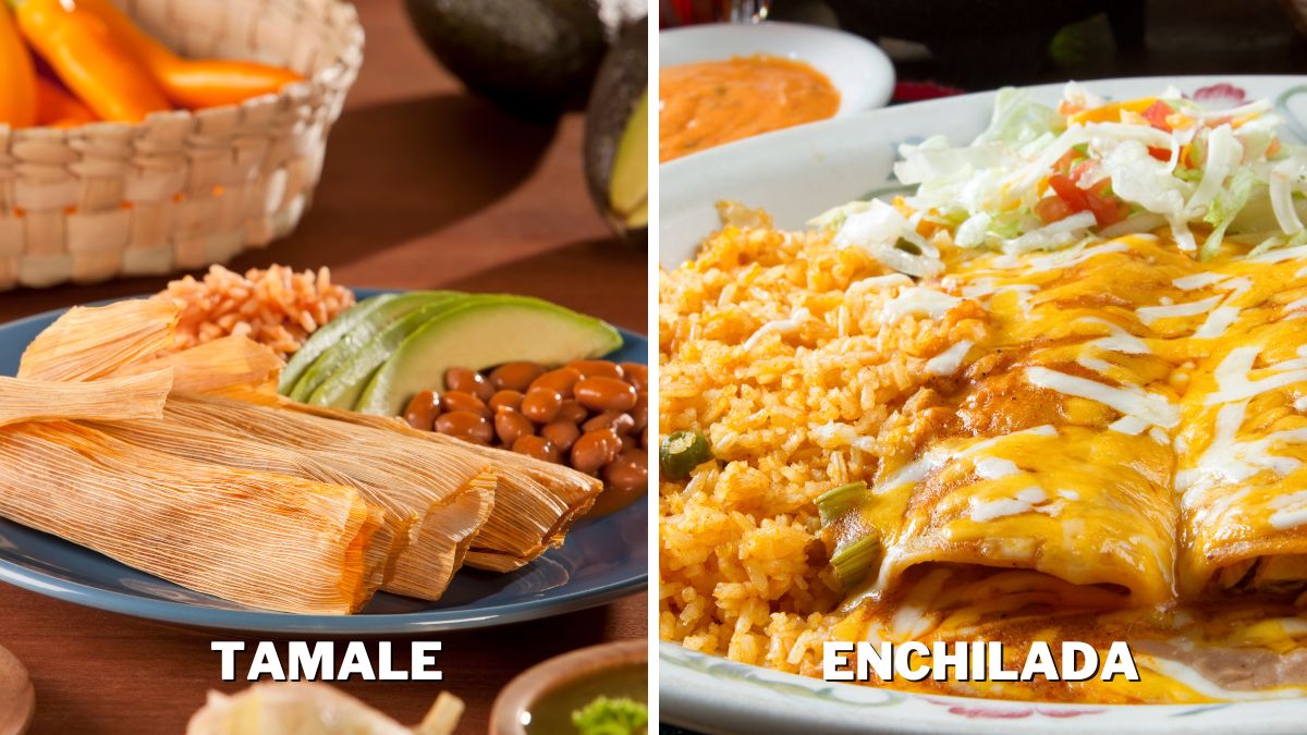 Tamales served with avocados, beans, rice, and pico de gallo an enchiladas served with rice, salad, and hot sauce