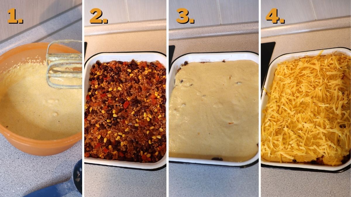 The four steps of preparing the cornbread for the texas tamale pie