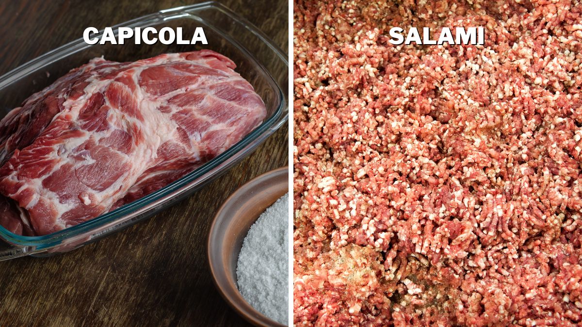 Unlike capicola which is cured as a whole piece salami meat is ground and encased before aging.